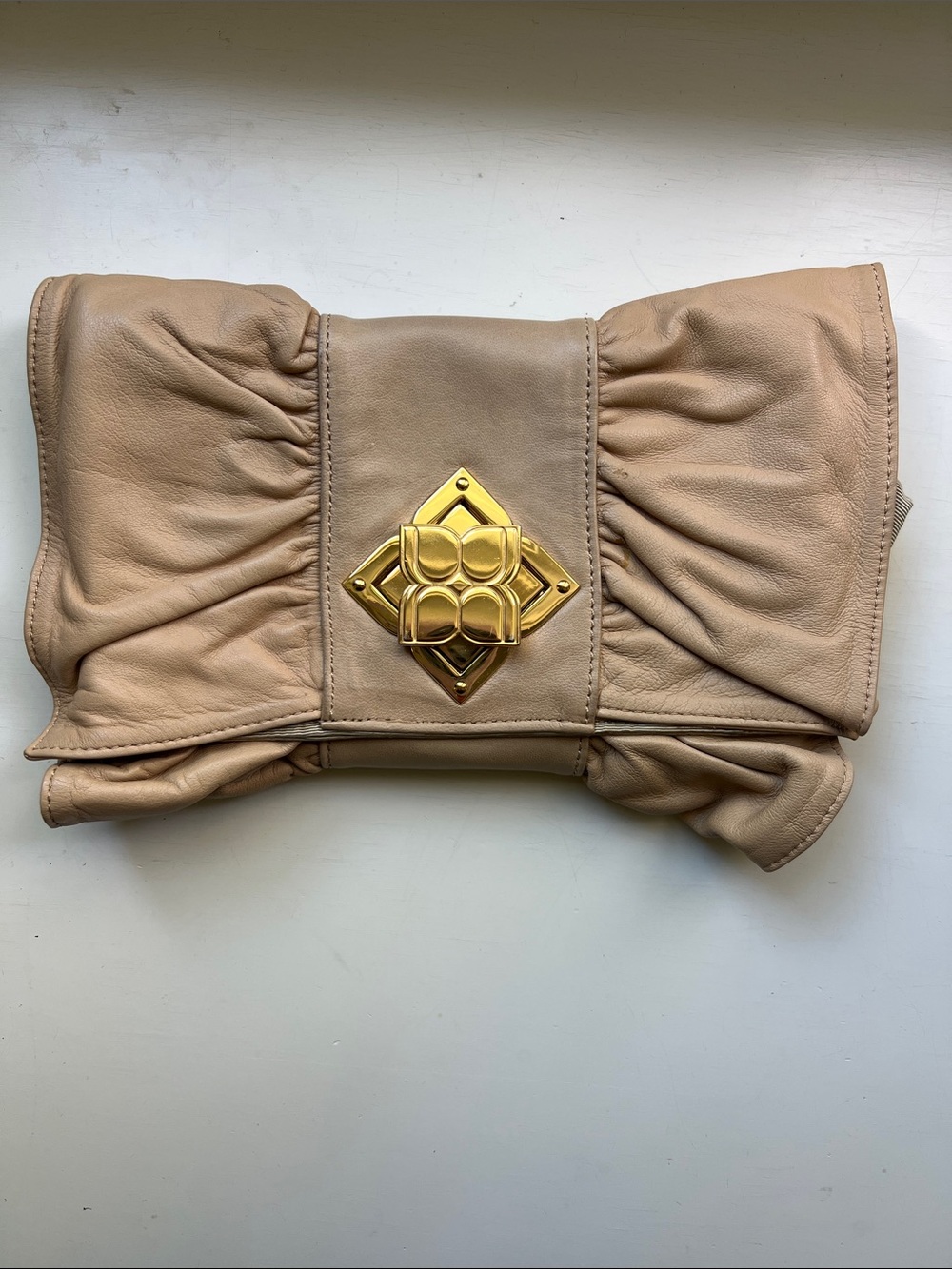 Beige Genuine Leather Fold-Over Clutch with Gold Emblem